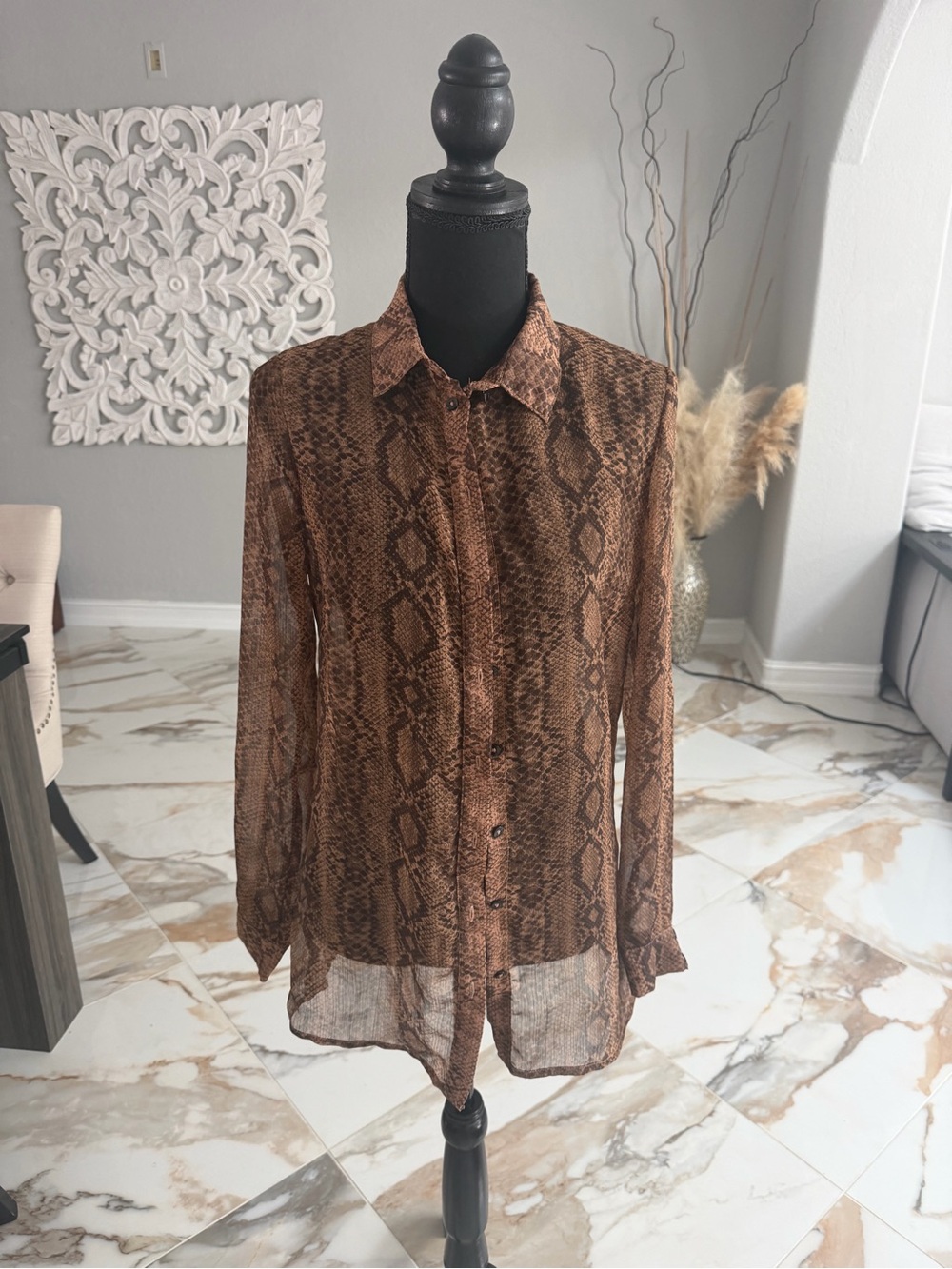 Guess Brown Snake-Print Button Front Blouse